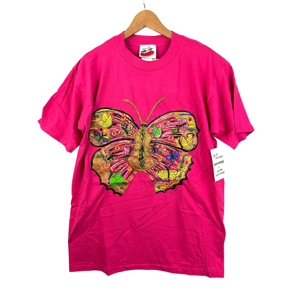 VTG 90s Pink‎ Butterfly Shirt Single Stitch Art Graphic Hand Painted Unisex OS